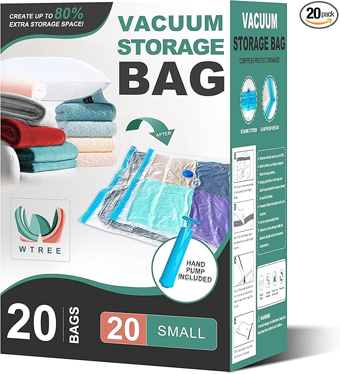 Vacuum Storage Bags, Space Saver Bags, Vacuum Sealed Bags for Comforters, Blankets, Clothes Storage, Hand Pump Included, 20-Small