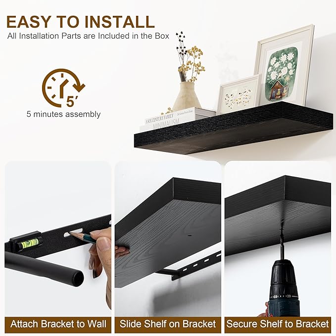 Fun Memories Floating Shelves for Wall, 36Inch Floating Shelves Set of 2, Hanging Shelf with Invisible Brackets, Bathroom Shelves for Living Room, Bedroom, Kitchen- Black
