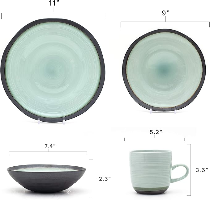 Euro Ceramica Diana 16 Piece Modern Dinnerware Set, Dinner, Salad Plate, Soup Bowl, Mug, Service for 4, Mint Green/Graphic Grey