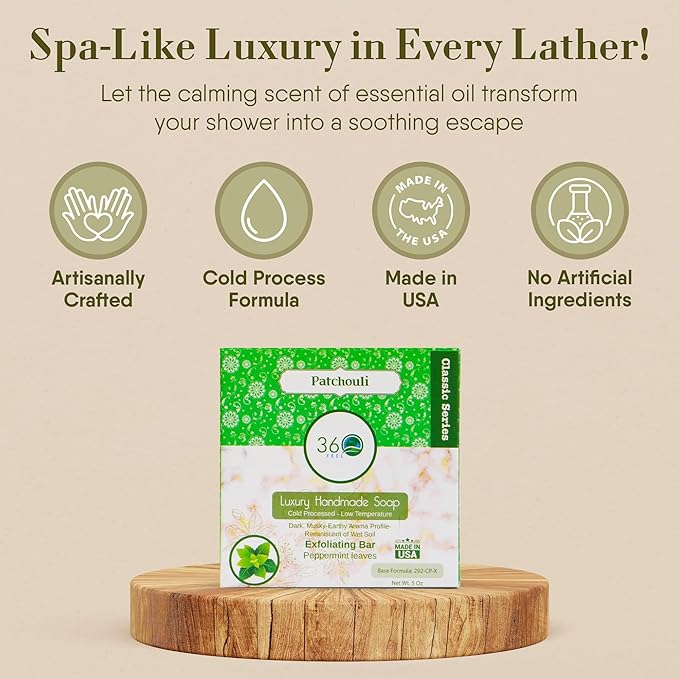 360Feel Patchouli Soap - Handcrafted Castile Patchouli Soap Bar with Soothing Scent - Handmade with Essential Oils - A Gift for Anniversaries, Weddings, and Holiday Stockings - Rich Lather - 5 Ounce