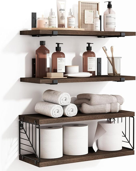 Fixwal 3+1 Tier Bathroom Floating Shelves Over Toilet, 15.8in Farmhouse Rustic Wood Shelves, Wall Decor for Bathroom, Living Room,Bedroom and Kitchen (Dark Brown)