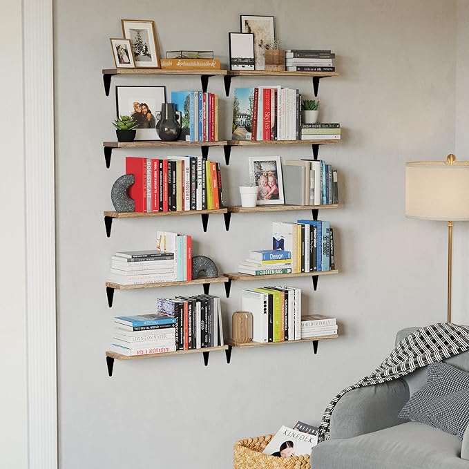 Wallniture Arras Wood Floating Shelves for Wall Storage, Small Bookshelf Set of 10, Hanging Book Shelves for Living Room, Bedroom, Office, Burned Finish