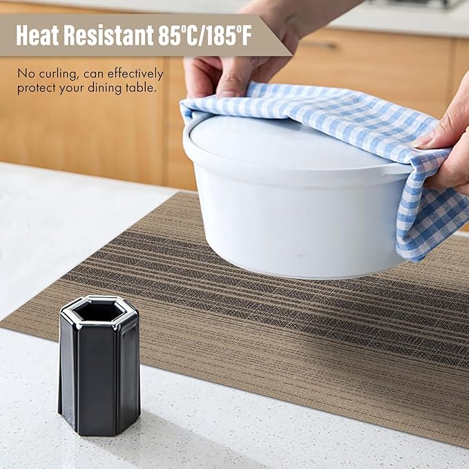 Winknowl Placemats, Set of 6 Heat Resistant Stain Resistant Woven Vinyl Insulation Place mats, Durable Washable Elegant Table Mats for Dining (Brown)