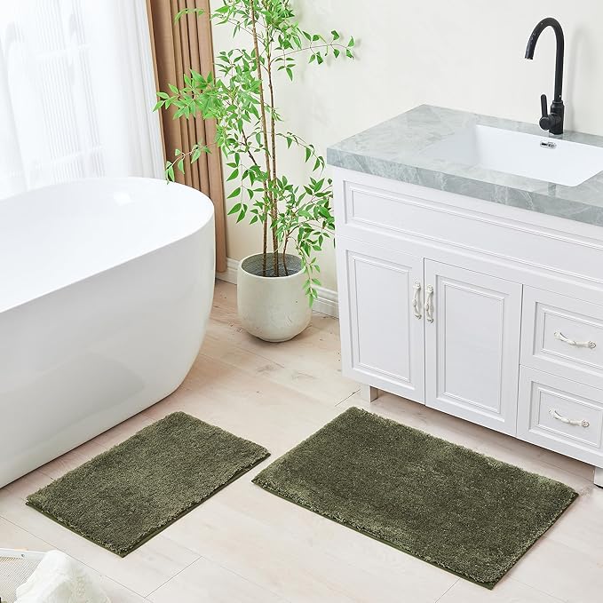 CozeCube Upgraded Shaggy Bath mat for Bathroom Non Slip 36" X 24", Super Soft Quick Dry Bath Rugs, Fluffy Plush Bathroom Rugs Machine Washable, Olive Green