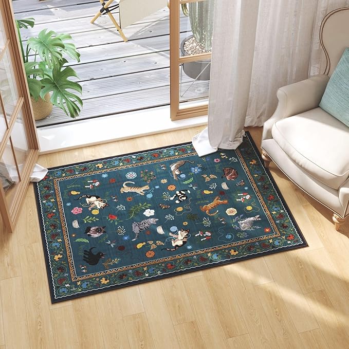 Door Mat Indoor Entrance 2x3 Rug Machine Washable Boho Floral Animal Cat Small Area Rug Non-Slip Low Pile Throw Rugs for Entryway Kitchen Front Door Indoor Entry Kids Room, Pearl Gentian Blue