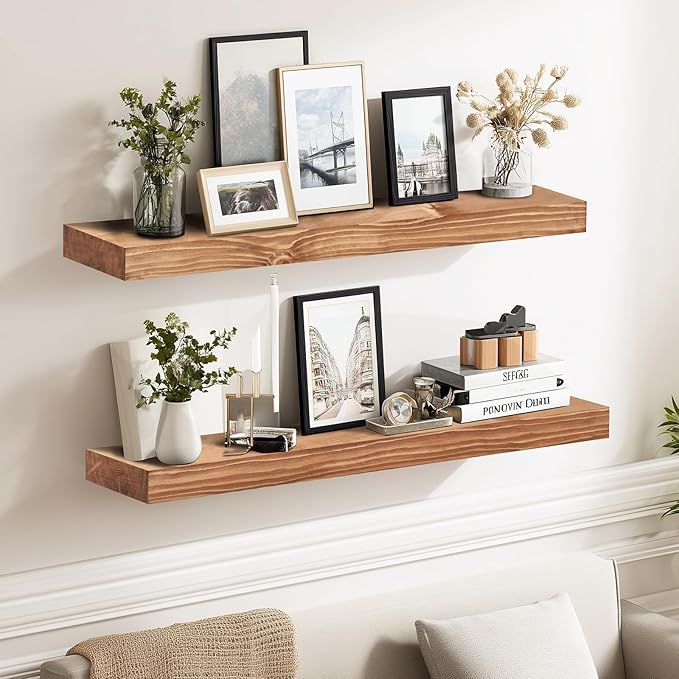 24x8x1.6 inch Floating Shelves Set of 2 – Solid Wood Rustic Oak Wall Mounted Shelf for Kitchen, Bathroom, Living Room