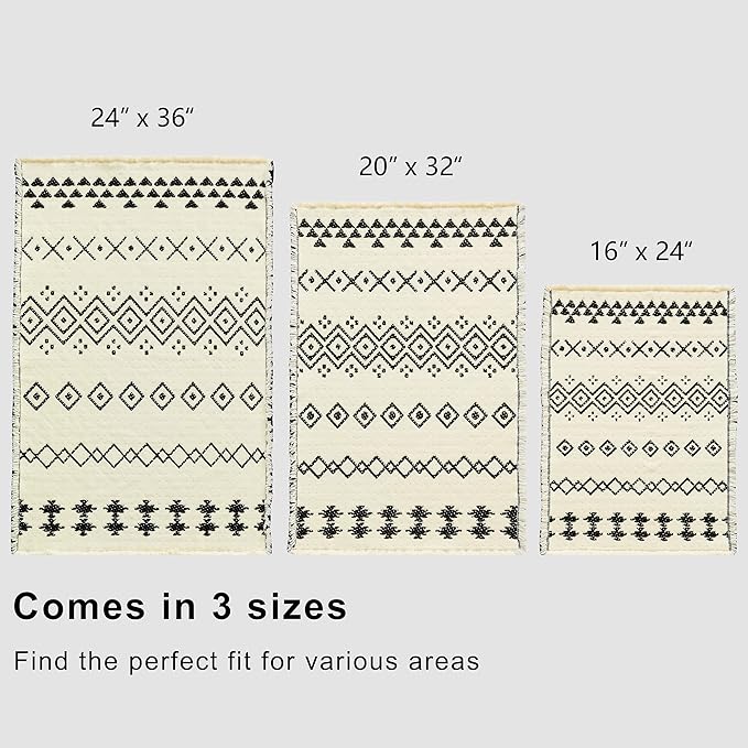 Douceur Boho Bath mat for Bathroom Floor Non Slip, Acrylic Blend Cute Bath Rugs with Tassels, Tribal Ethnic Pattern Farmhouse Bathroom Rugs, 20" x 32", Black