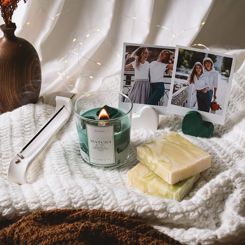Matcha Latte Gift Set – Soy Wax Candle, Aloe Vera Soap, Ceramic Incense Holder, Heart-Shaped Photo Holders, and Incense Sticks – Perfect for Birthdays, Christmas, and Housewarming Gifts