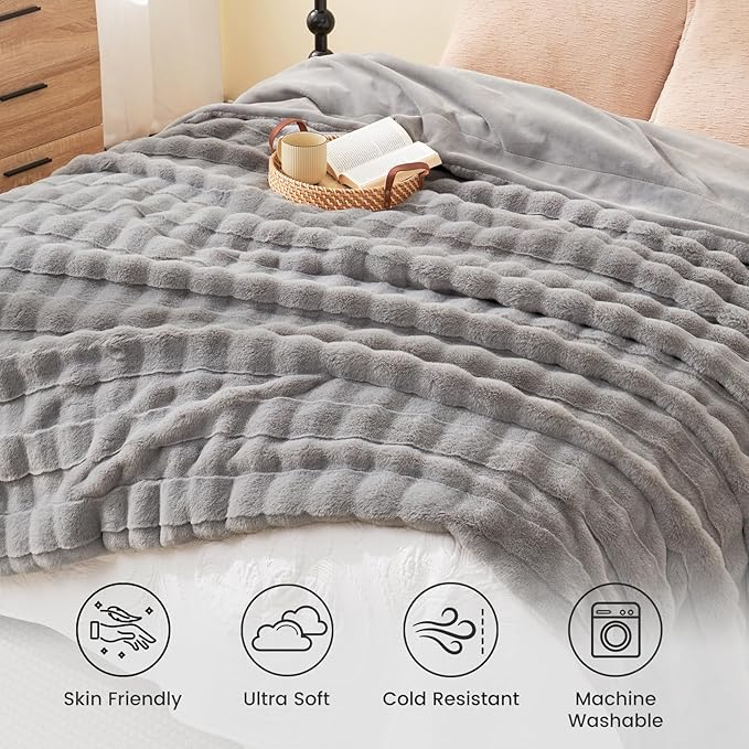 Cozy Bliss Fluffy Faux Fur Throw Blanket for Couch,Lightweight Cozy Soft Grey Throw Blankets for Sofa Bed Living Room,50x60 Inches