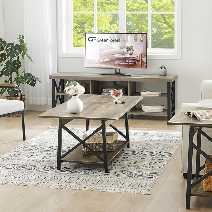 GreenForest Coffee Table with Storage, 39inch Modern 2-Tier Coffee Tables for Living Room, X-Frame Design Farmhouse Coffee Table Space Saving Living Room Small Tables, Easy Assembly, Grey Wash