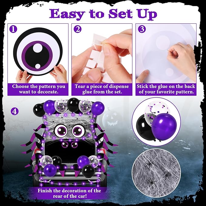 Halloween Trunk or Treat Car Decorations Kit - Halloween Car Decor with Spider Web, Balloons, Purple String Lights, Halloweens Spider Outdoor Decorations for Cars SUV Garage Door Entryway Archway