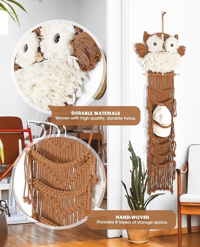 AceList Large Owl Decor - Handcrafted Macrame Hat Hangers for Wall and Door - Stylish Hat Organizer for Baseball Caps, Macrame Wall Hanging for Bedroom, Living Room, Kitchen Decor