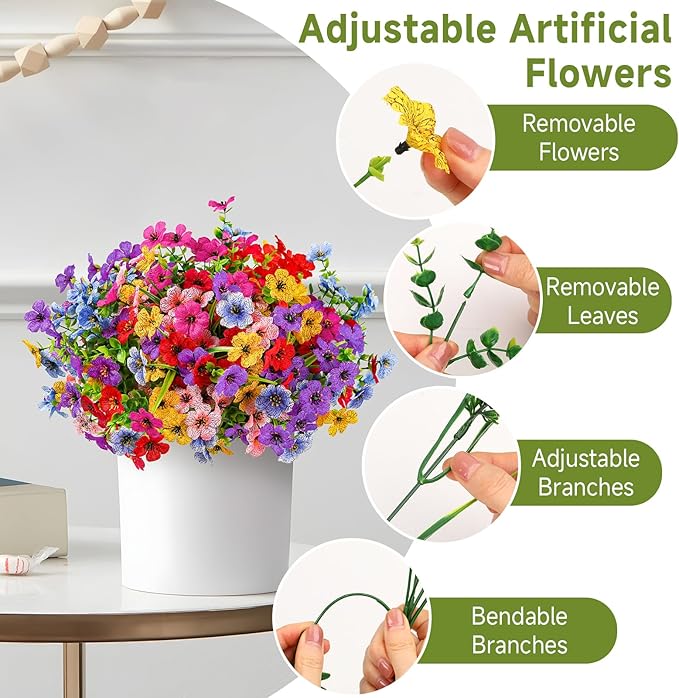 48 Bundles Artificial Flowers for Outdoors Decoration, UV Resistant Silk Violet with Leaf Grass and Eucalyptus Spring Fake Plants for Outside Indoor Yard Home Patio Porch Decor, Mix 6 Colors