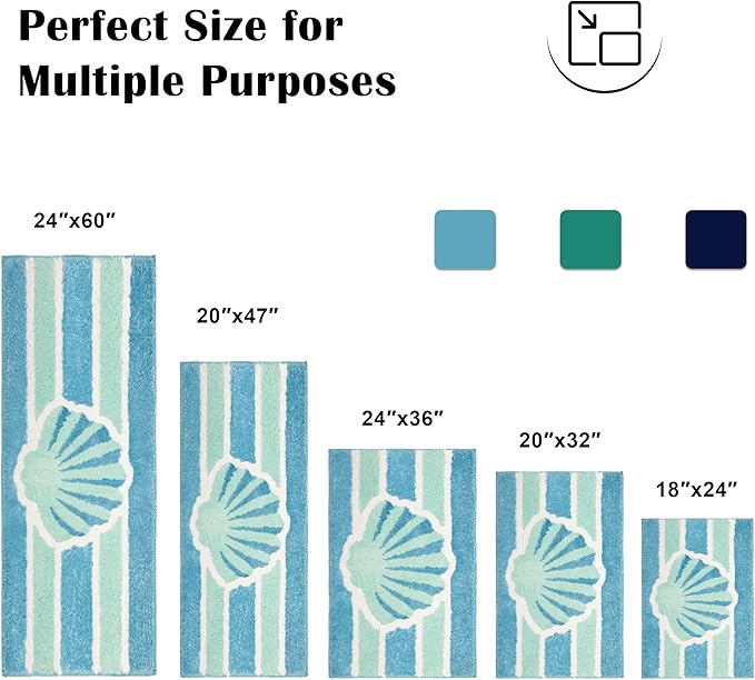 Blue Beach Long Bathroom Rugs Runner Non Slip Washable Cute Coastal Bath Mats Rugs for Bathroom Floor Nautical Fluffy Plush Soft Absorbent Farmhouse Carpet for Shower, Tub, 20x47 inch
