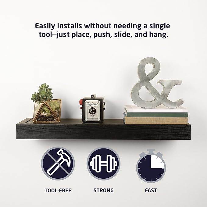 HIGH & MIGHTY 515664 Decorative 36" Floating Shelf Holds up to 25lbs, Easy Tool-Free Dry Wall Installation, Flat, eCommerce Packaging, Black