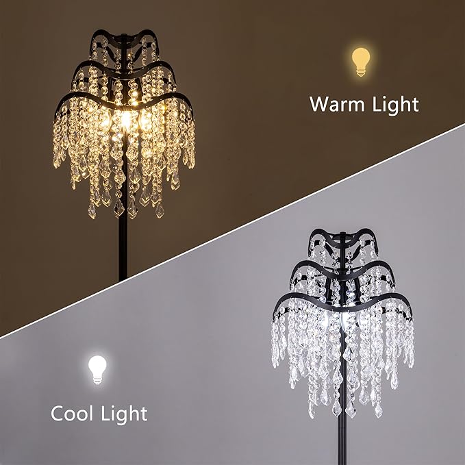 Wellmet Boho Crystal Floor Lamp, Farmhouse Black Crystal Floor Lamp, Crystal Chandelier Floor Lamp for Living Room, Dining Room, Hallway, Bedroom, Reading Room, Office