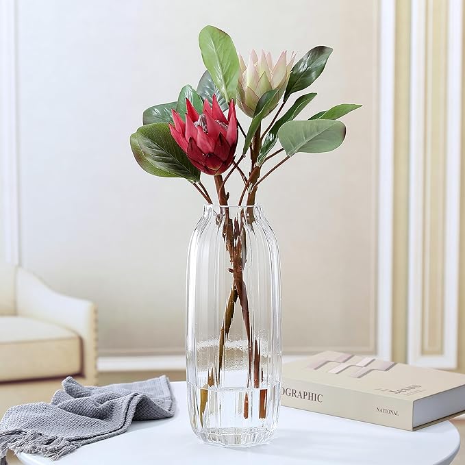 Large Clear Glass Vase for Flowers Bud Tall Glass Vases,H-12.6" Simple Striped Design for Home Floor Decor,Farmhouse Decor, Centerpiece Coffee Table Decorations