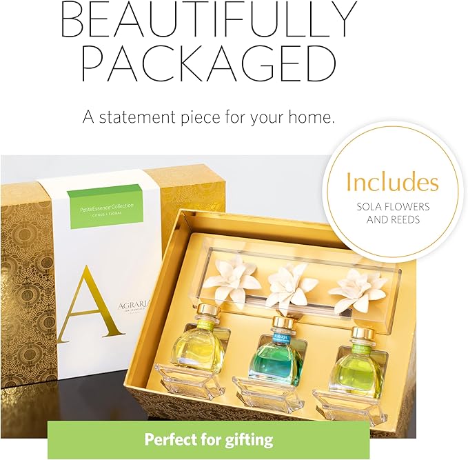Agraria Citrus & Floral PetiteEssence Collection, Handmade Sola Flower Reed Diffuser Set of 3, 1.7 oz Each, Scented Oil Diffuser Gift Set for Home