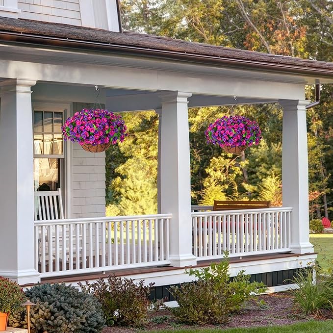Artificial Fake Hanging Flowers with Basket, Faux Silk Morning Glory Flower Arrangement for Spring Summer Decor, Hanging Plant for Patio Garden Porch Outdoor Decor