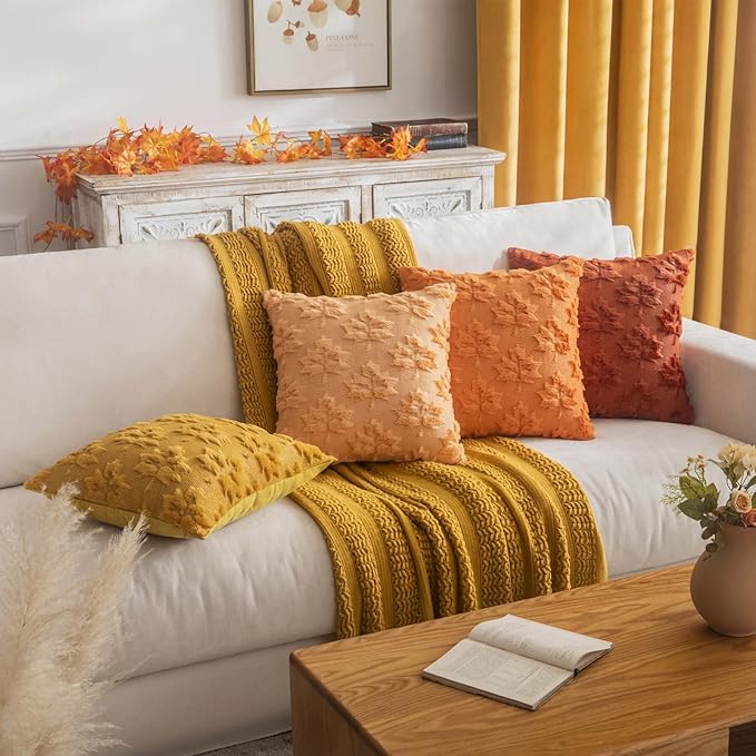 Maple Leaf Fall Throw Pillow Covers 18"x18" Set of 2, Orange Farmhouse Decorative Pillow Covers for Autumn Harvest Holiday Accent Pillow Cases, Faux Fur Pillow Covers for Couch Bed Room