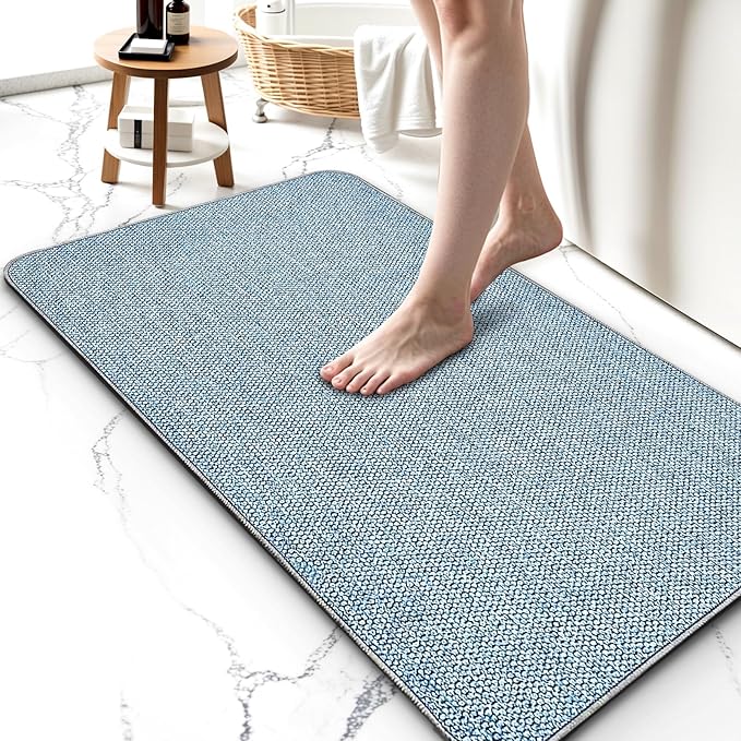 2 Pack Thin Bathroom Rugs, Bath Mat Super Absorbent, Bath Rugs Rubber Backing Non-Slip, Quick Dry Machine Washable, Cozy Cloth Bathroom Mat fit Under Door/Sink/ Bathtub/Shower/Kids 17''x27''-Blue