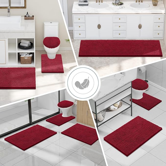 Smiry Luxury Chenille Bathroom Rugs 47x17, Extra Soft and Absorbent Shaggy Bath Mat, Machine Washable, Non-Slip Plush Carpet Runner for Tub, Shower, and Floor, Home Decor Accessories, Red
