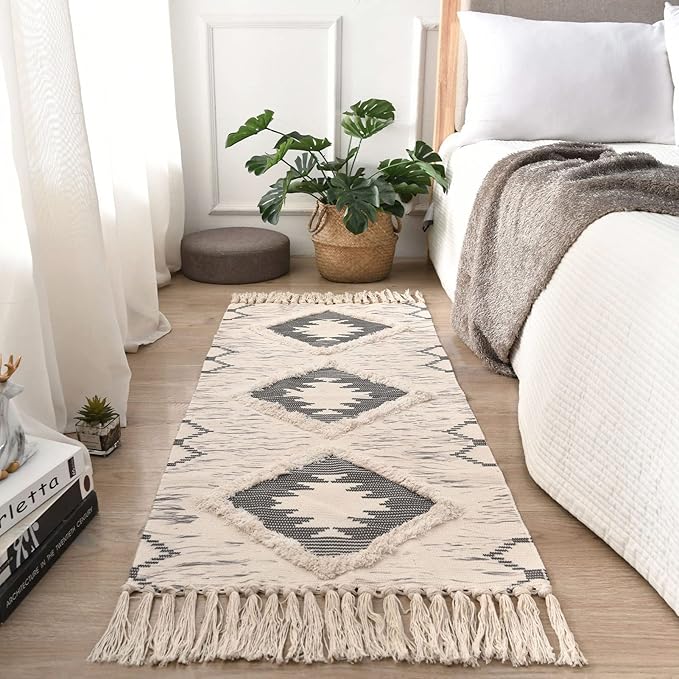 Boho Runner Rug 2'x4.3', Washable Hallway Rug Runner Non Slip Rubber Backed, Kitchen Farmhouse Area Rug Floor Mat with Tassels, Tufted Woven Cotton Entryway Carpet, Grey
