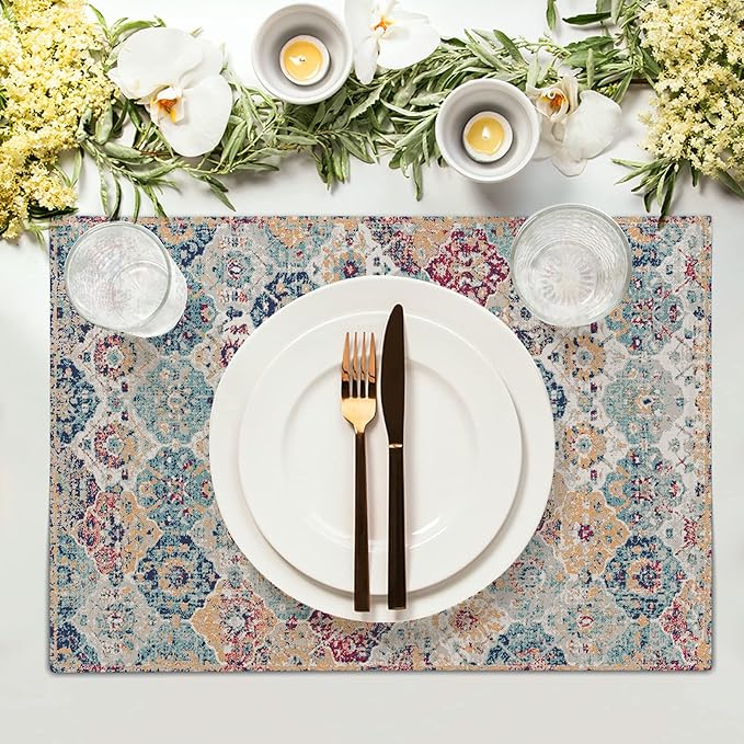 Ethnic Boho Placemats Set of 4 Bohemian Carpet Vintage Rust Coral Floral Carpet Linen Washable Kitchen Dining Table Mats Stain Heat-Resistant Desktop Decor Place Mats for Home Party Indoor 12x18 in
