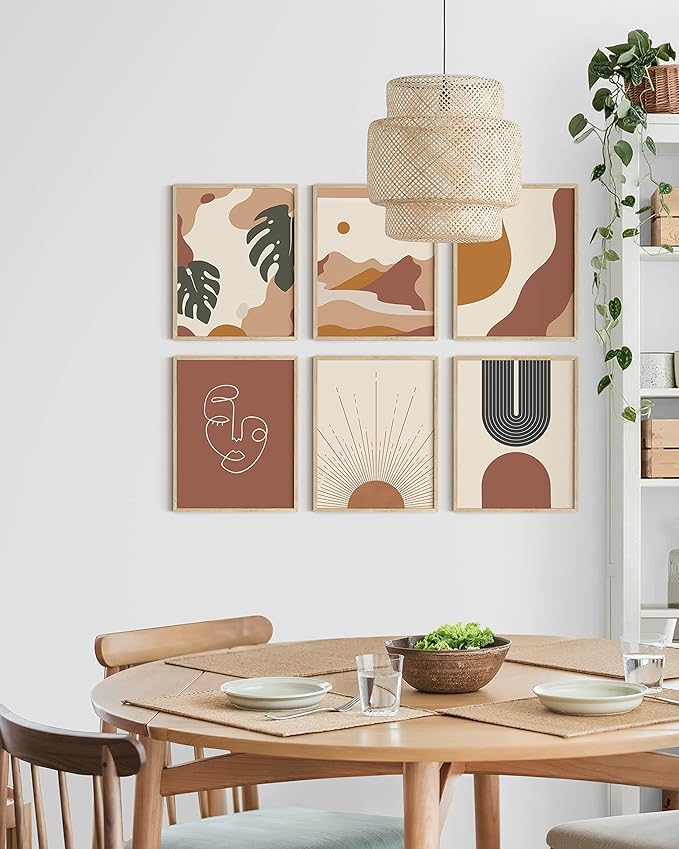 HAUS AND HUES Boho Prints Neutral Wall Art - Set of 6 Boho Art Prints Mid Century Modern Wall Art | Bohemian Artwork for Wall Aesthetic Decor (Beige Frame, 11x14)