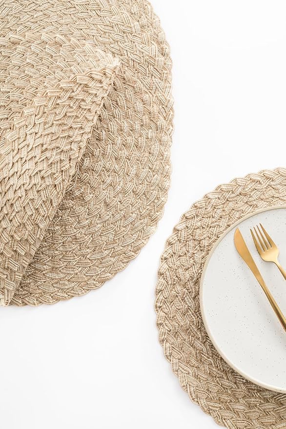 Floroom 15 Inch Round Braided Placemats Set of 6, Washable Heat Resistant Cotton Polyester Circle Boho Place Mats for Kitchen Dining Table - Dunes Khaki
