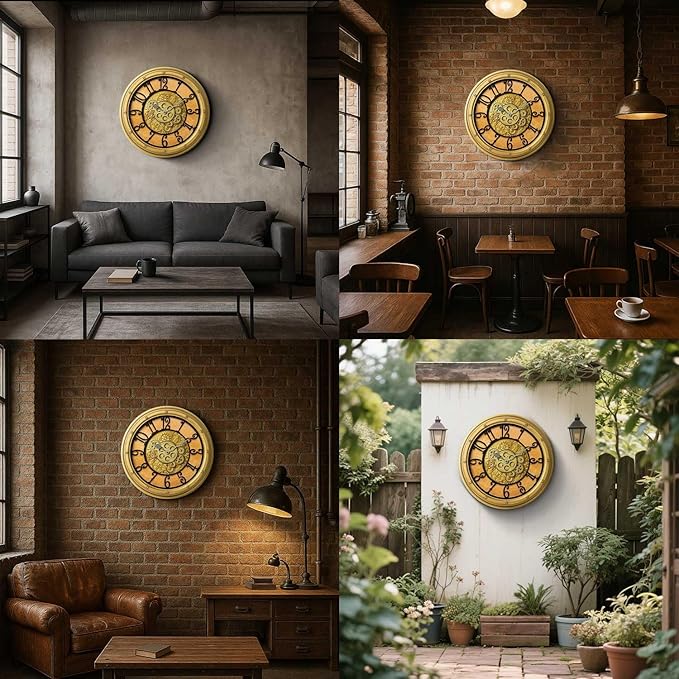 Wall Clock with Moving Gears, Vintage Industrial 16-Inch Silent Non-Ticking Steampunk Timepiece, Retro Frame Analog Battery Operated, Rustic Mechanical Decor for Living Room, Home, Office, Loft(Gold)