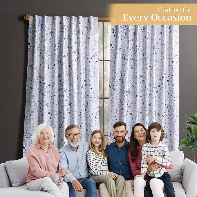 Maison d' Hermine Curtains for Living Room 100% Cotton 96 inch Length One Panel Light Filtering Curtains for Bedroom Windows with Rod and Loop Pockets Drapes (Summer Blues, 50" W x 96" L)