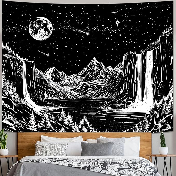Lunerfex Starry Night Mountain Wall Tapestry - Black and White Celestial Landscape Wall Hanging for Bedroom and Living Room Decor - 3648 Inches