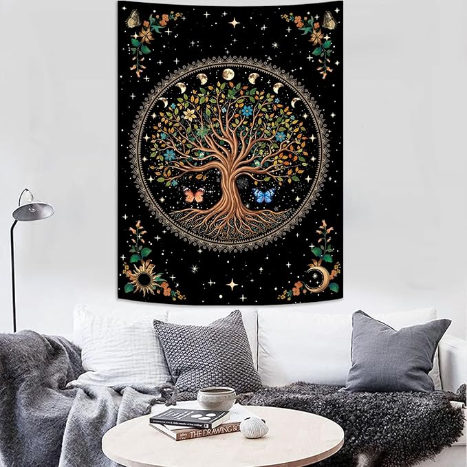 Lunerfex Tree of Life Tapestry Moon Phase Wall Tapestry, Green Tapestries for Bedroom Ceiling Tapestries Wall Hanging for Bedroom Living Room Wall Decor Tree-4 60"x80"