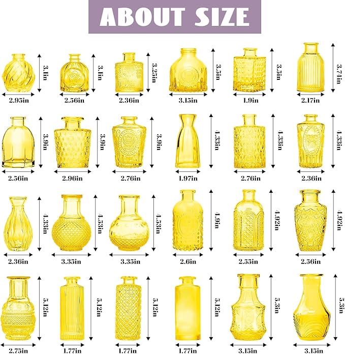 Light Yellow Glass Bud Vases Set, 24 Pcs Vintage Small Vases for Flowers, Crystal Mini Glasses in Bulk, Small Flower Design for Centerpieces Wedding Decorations Home Flower Party Decor