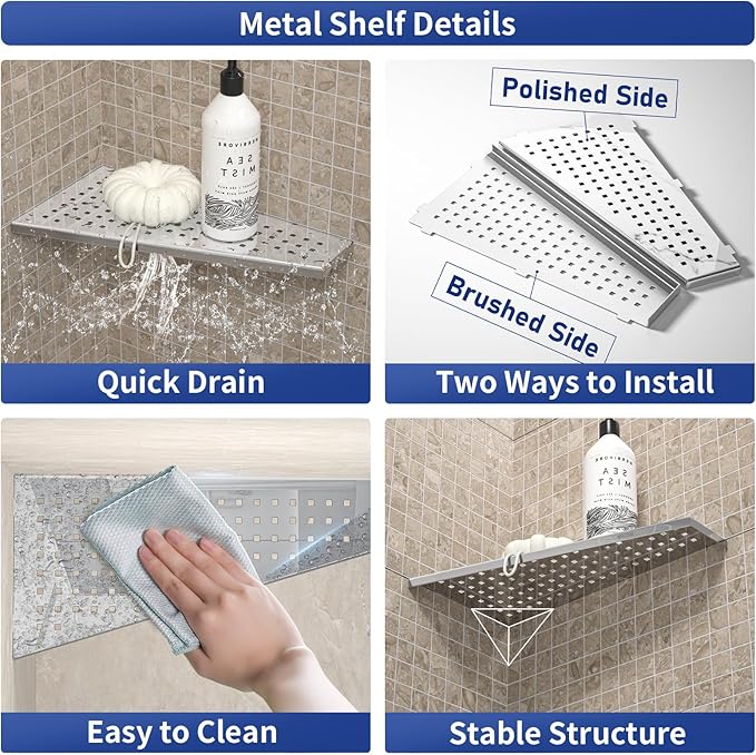 Corner Shower Shelf 12" Polished 304 Stainless Steel Recessed Trapezoid Shampoo Shelves with Grid Design Bathroom Shelf Racks for Tiled Wall, No Drilling Needed, 2 Pack
