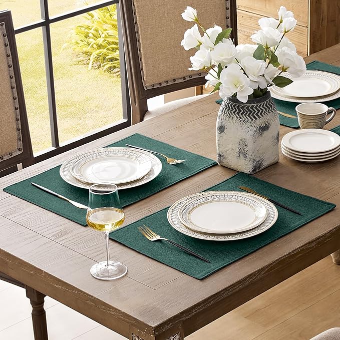 Romanstile Cloth Placemats Set of 8-12 x 18 Inch, Heat Resistant Double Layered Thickened Burlap Christmas Place Mats, Washable Linen Farmhouse Table Mats for Kitchen/Dining/Party/Outdoor, Green