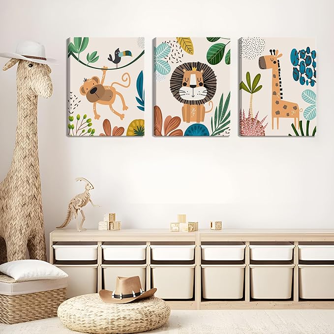 AKWISH Nursery Wall Decor Set of 3, Safari Canvas Wall Art Animals Paintings Prints, Boy Girl Kids Room Wall Decor for Shower Theme Decorations Baby Children's Room Bedroom 16x24 inch Framed