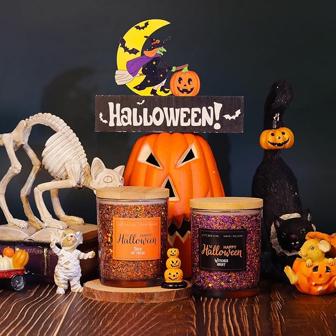 Halloween Gifts for Women - 2 Pack Pumpkin Candy Scented Candle Set, Boo Basket Stuffers, Nightmare Christmas Decor, Birthday Decorations Indoor