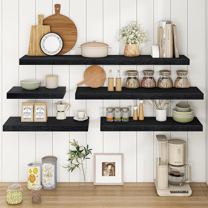 36Inch Floating Shelves, 9.3Inch Deep Rustic Wall Shelves - Extra Deeper & Thicker Wall Mounted Storage Shelf for Kitchen, Farmhouse - Set of 2 - Rustic Black