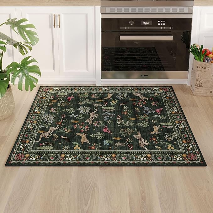 Door Mat Indoor Entrance 2x3 Rug Machine Washable Boho Floral Animal Small Area Rug Non-Slip Low Pile Throw Rugs for Entryway, Kitchen, Front Door Indoor Entrance, Entry, Kids Room (Green)