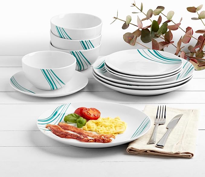 Tabletops Gallery 12-Piece White with Teal Striped Ceramic Dinnerware Set of Kitchen Dishes, Round Dinner Salad Plates Cereal Bowls, Service for 4, Marina