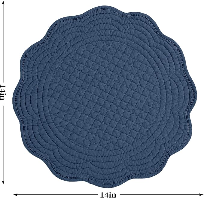 HOMBYS Quilted Placemats Set of 6 Washable Round Placemats for Kitchen Table-100% Cotton Fabric 13 Inch Round Table Mats, Cotton Fabric with Microfiber Filling, (13"x13", Sapphire Blue)