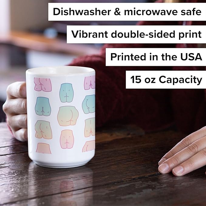LookHUMAN Kawaii Butt Coffee Mug - Funny Coffee Mugs Adult Humor, Double-Sided Print Ceramic Coffee Cups as Kawaii Gifts, Dishwasher Safe Novelty Coffee Mugs for Women & Men, 15oz