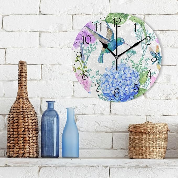 ALAZA Wall Clock Watercolor Blue Hummingbird Silent Non-Ticking Decorative Flowers Wall Clocks Battery Operated for Living Room Kitchen Bathroom Bedroom