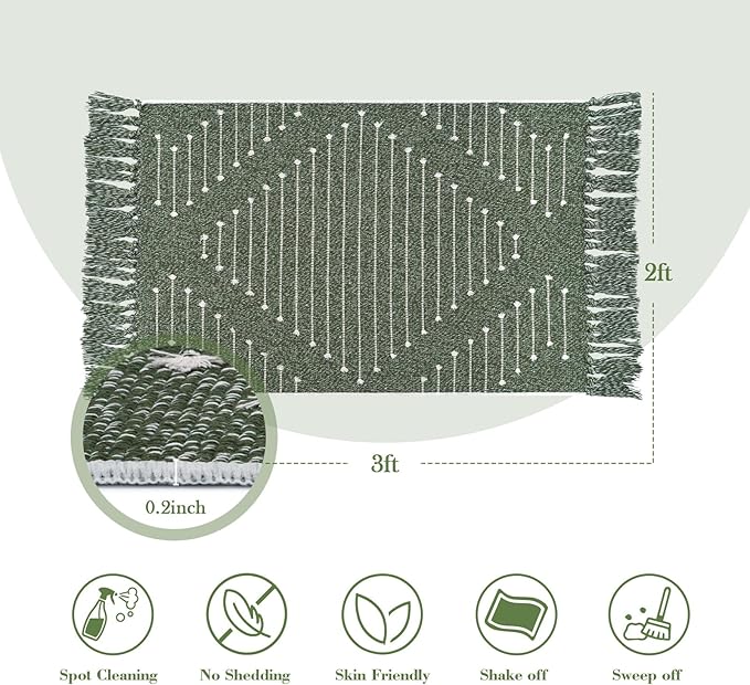 LIVEBOX Boho Green Bathroom Rug 2 x 3, Washable Bath Mat with Tassel Cotton Blend Woven Small Area Rug for for Entryway, Kitchen Sink,Front Door