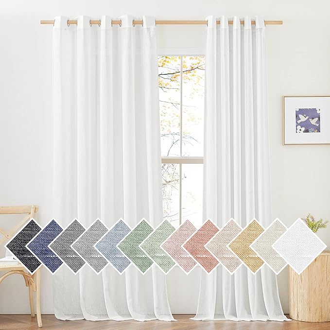 NICETOWN Faux Flax Linen Sheer Curtains for Privacy Protection, Grommet Rustic Flax Window Treatment Semi Sheer Drapes with Light Penetration for Farmhouse/Patio Door, Ivory, W70 x L96, Set of 2