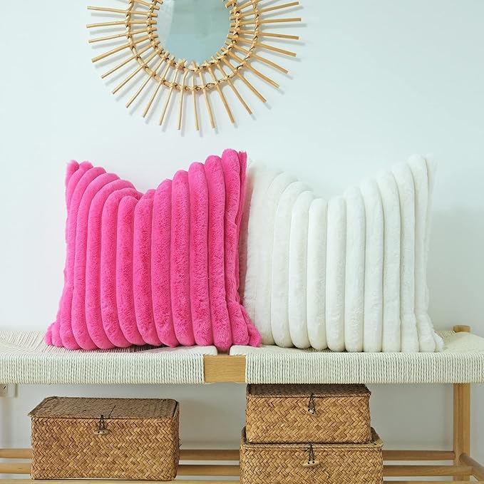 JOJUSIS Pack of 2 Faux Fur Plush Decorative Throw Pillow Covers Couch Cushion Case Soft Pillowcases (Hot Pink, 16 x 16-Inch)