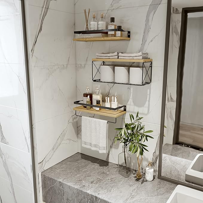 Bathroom Shelves with Wire Storage Basket, Floating Shelves Over Toilet with Protective Metal Guardrail, Wall Shelves for Bedroom, Living Room, Kitchen and Bathroom Toilet Paper