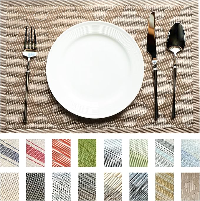 Placemats Set of 4 Vinyl/Plastic Woven Place Mats for Kitchen Table Indoor/Outdoor Washable Placemat Wipeable Dining Table Mats (Dark Brown Clover,4)